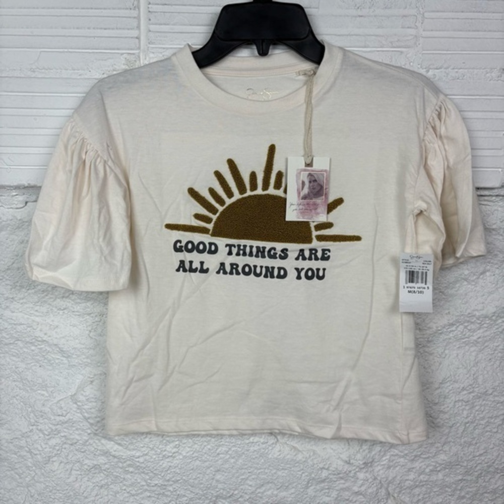 NWT JESSICA SIMPSON cream GOOD THINGS ARE ALL AROUND YOU embroidered sun top 8